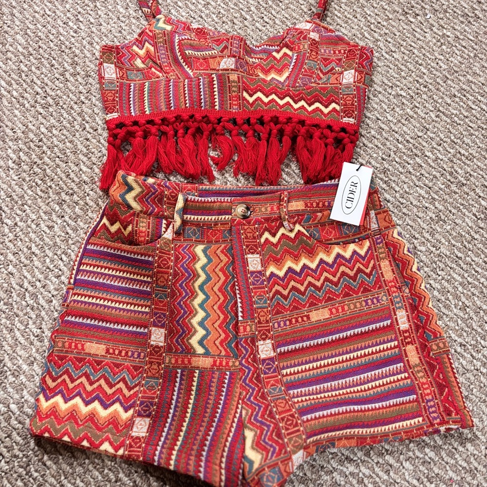 Patterned & fringe shorts set - Cider